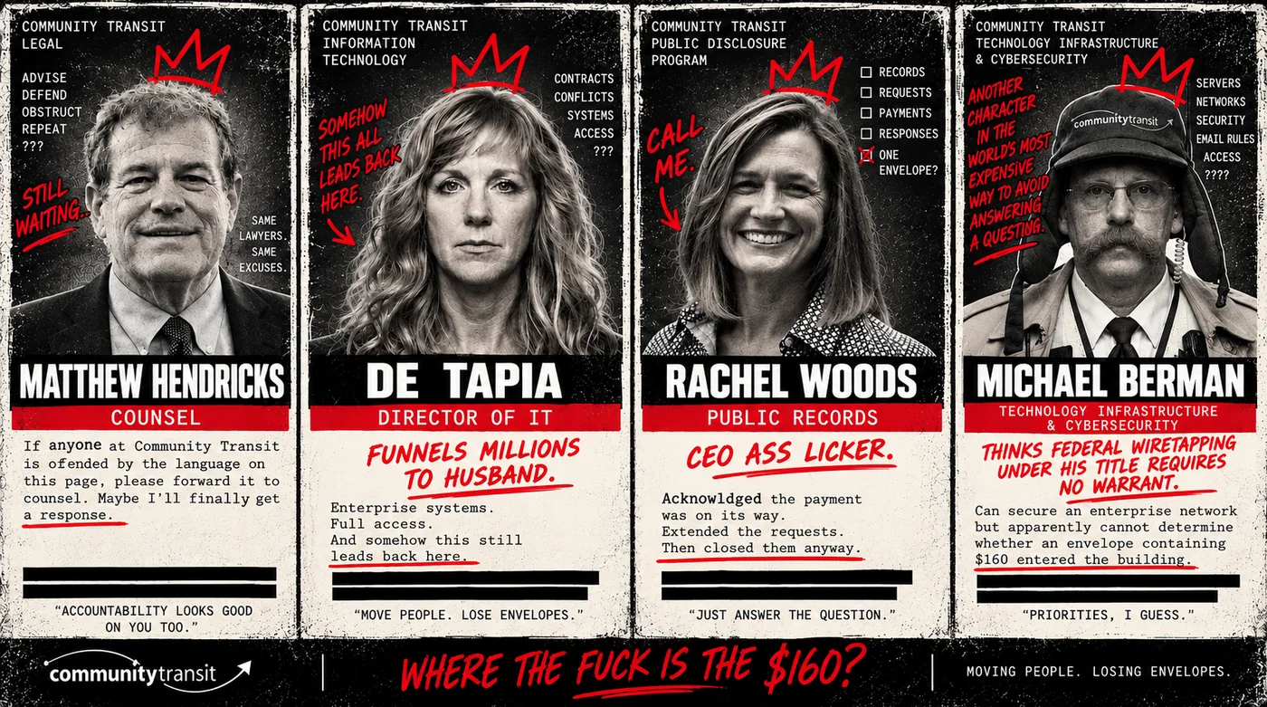 Satirical Community Transit poster featuring Matthew Hendricks, De Tapia, Rachel Woods, and Michael Berman